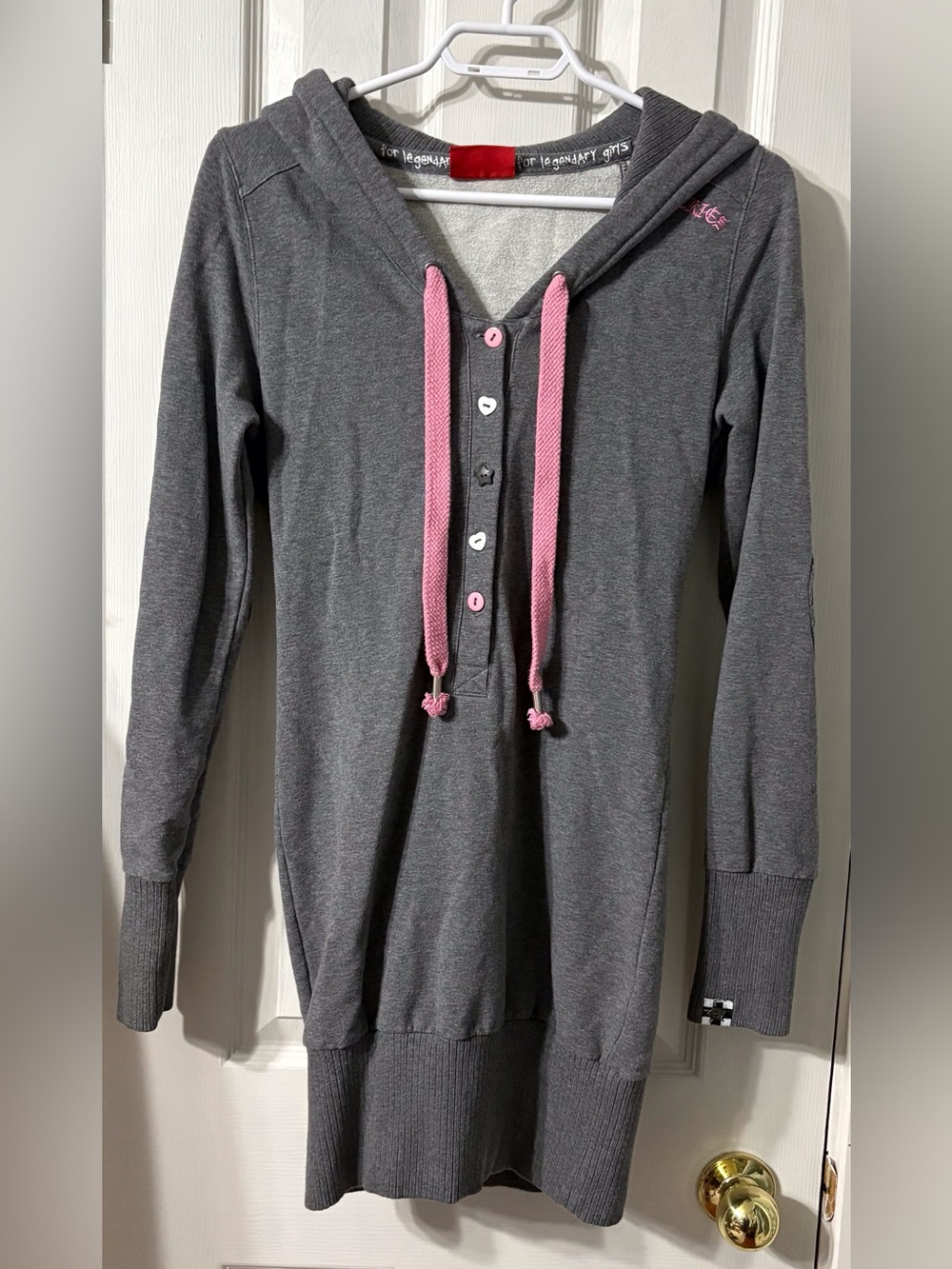 Dickies Gray V-Neck Hoodie Sweater with Pink Accents